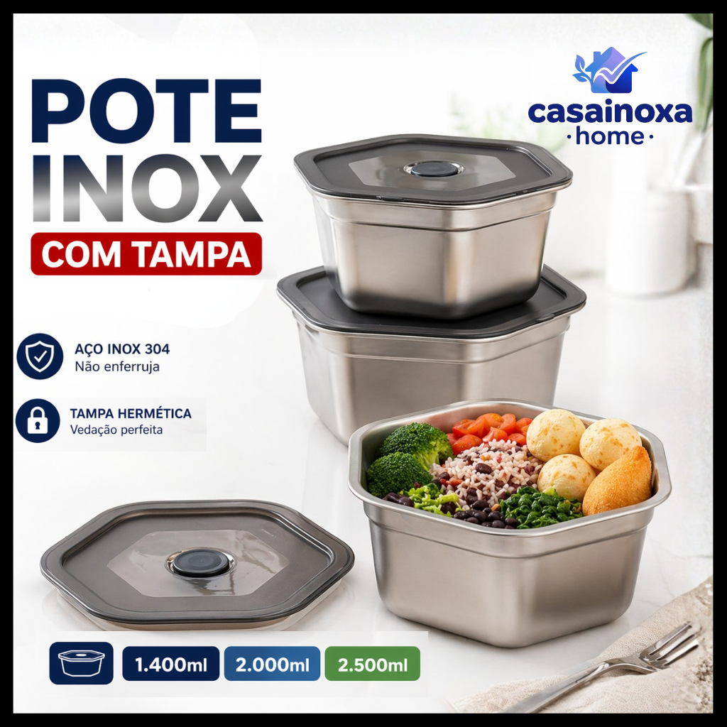 Pote de Aço Inox com Tampa Hermética 1 Unidade Organizador Geladeira