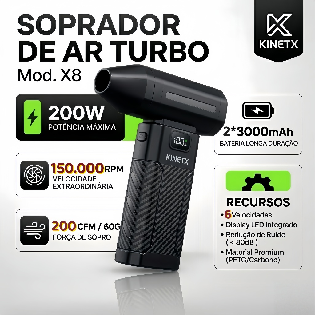 Soprador De Ar Turbo KINETX 150000RPM 6 Velocidades Display LED Portátil Recarregável