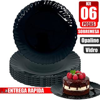 Jogo kit 06 Pratos sobremesa vidro trabalhado opaline preto black 19cm importado almoço jantar hotel