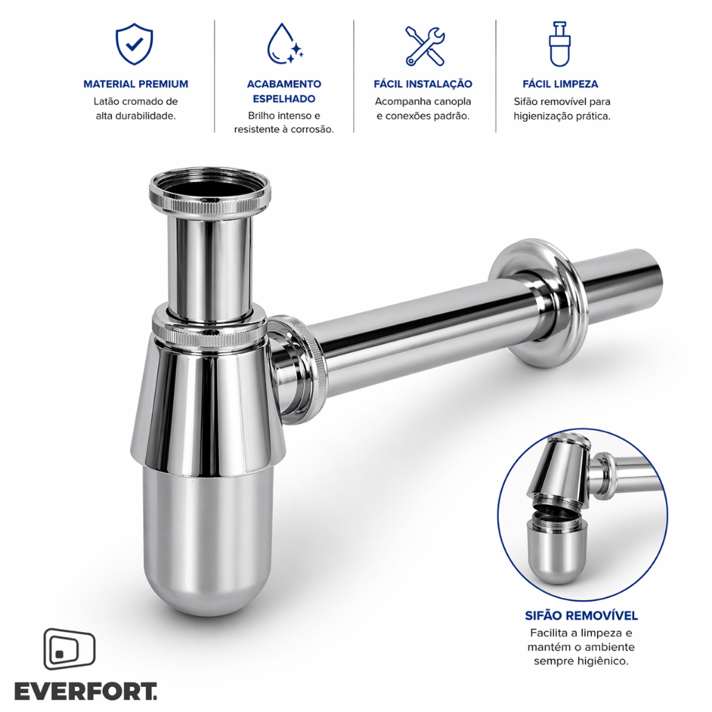 Sifão Lavatório Banheiro 100% Metal Inoxidável Inox Cromado 1/4- ENVIO IMEDIATO