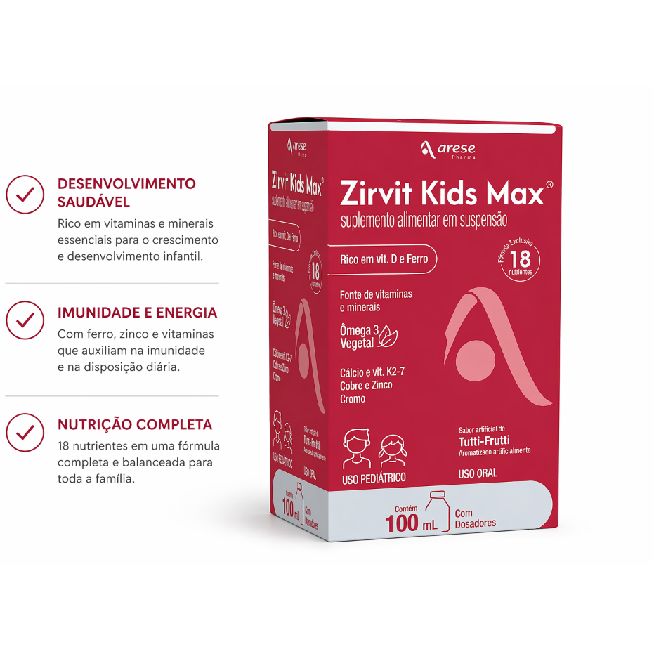 Zirvit Kids Max 100ml Polivitamínico Infantil 18 Nutrientes + Ômega 3 Vitamina D Ferro