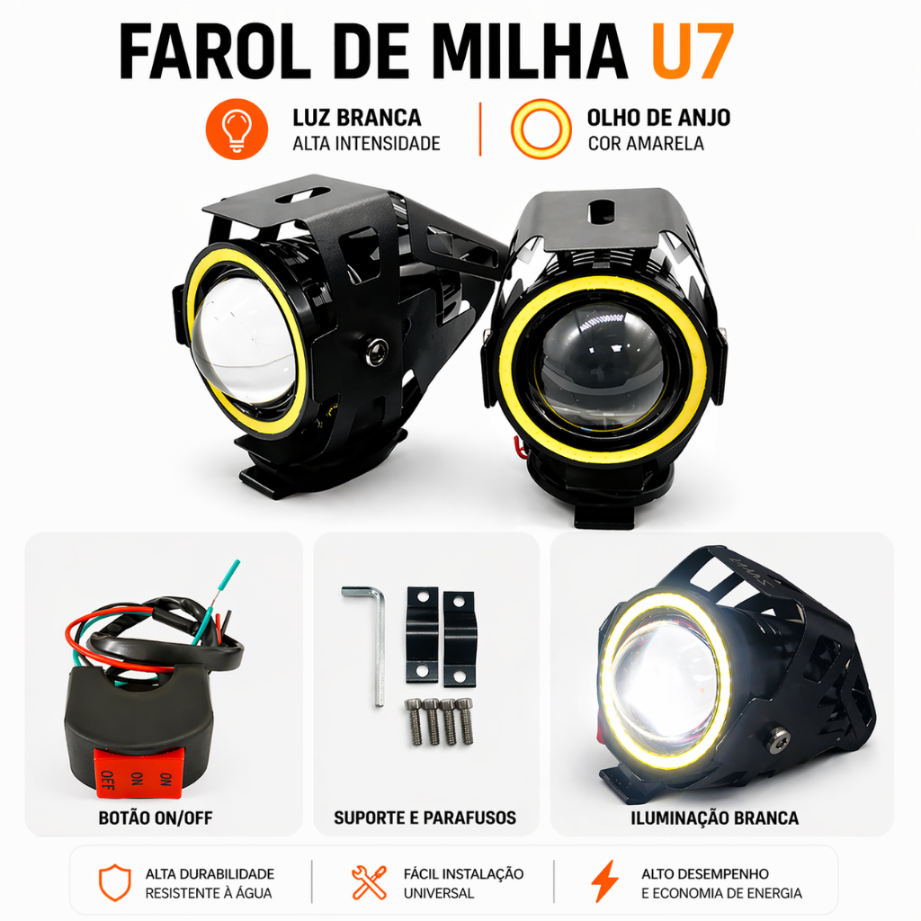 Kit 2 Farol Grande Milha U7 Olho Anjo Led Branco Angel Eye Moto Carro Strobo Com Punho Interruptor e Suporte Universal