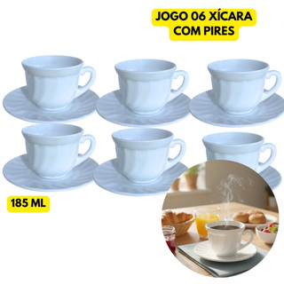 Jogo Kit 06 Xícaras C/ Pires 185ML Vidro Opaline Branca Café Chá Padaria Grande Refeição