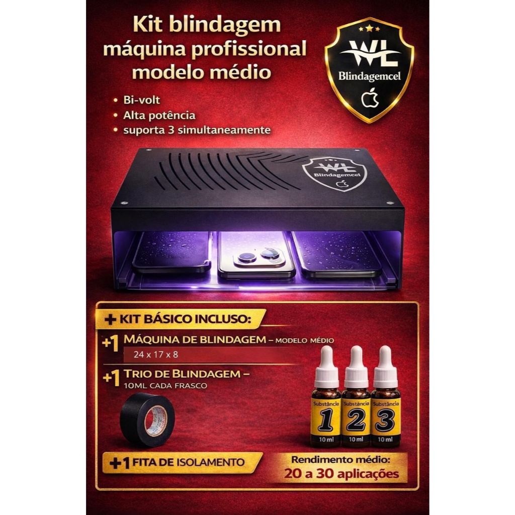 KIT BLINDAGEM DE CELULAR BÁSICO MÁQUINA MÉDIA + TRIO DE 10ml RENDE 20 À 30 APLICAÇÕES + FITA