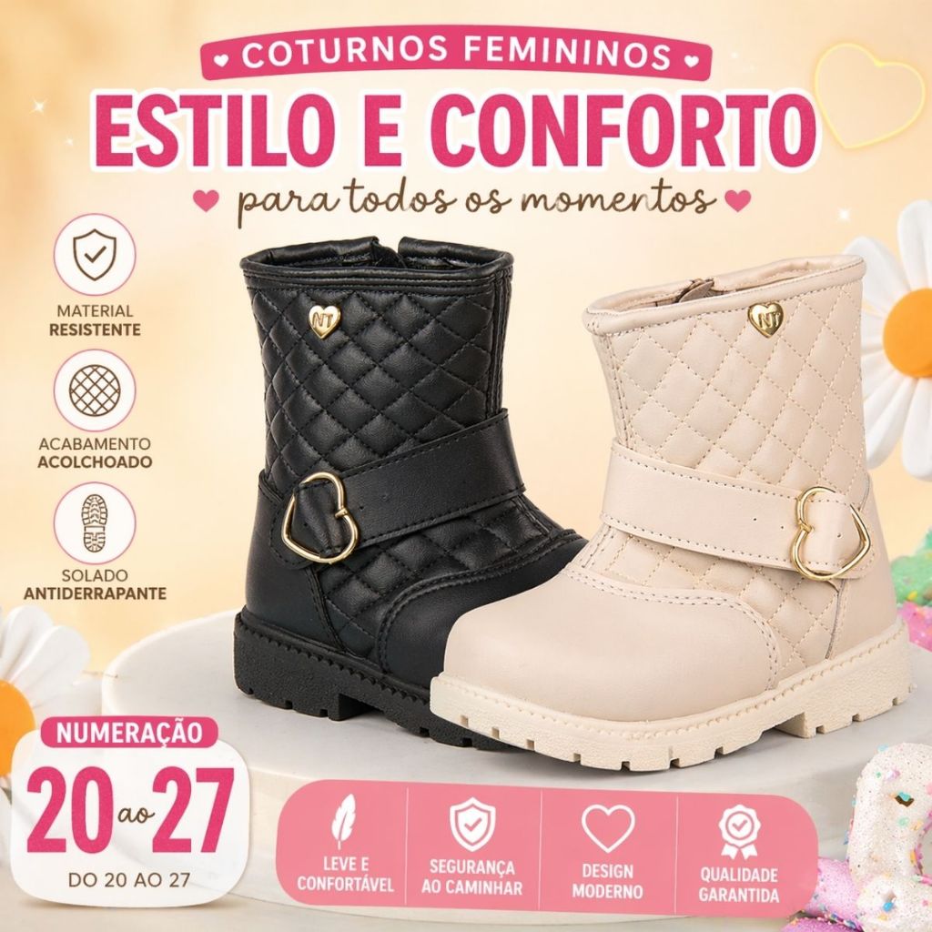 Coturno Feminino Infantil Menina 20-27 Inverno Estilo Conforto Moda Tendência Detalhe Fivela Coração