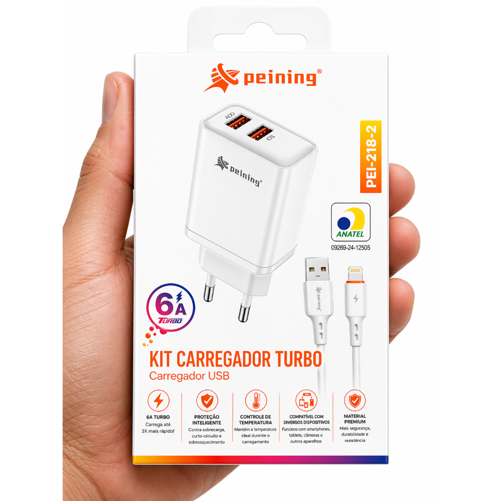 Carregador iPhone Lightning Turbo 6A Rápido + Cabo USB Original Anatel barato Peining PEI-218-2