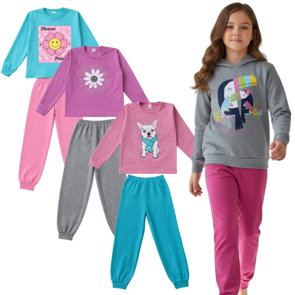 Kit 2 Peças Moletom Juvenil Feminino | Conjunto Moletom Inverno | Roupa Quentinha Tamanho 1 ao 14 anos