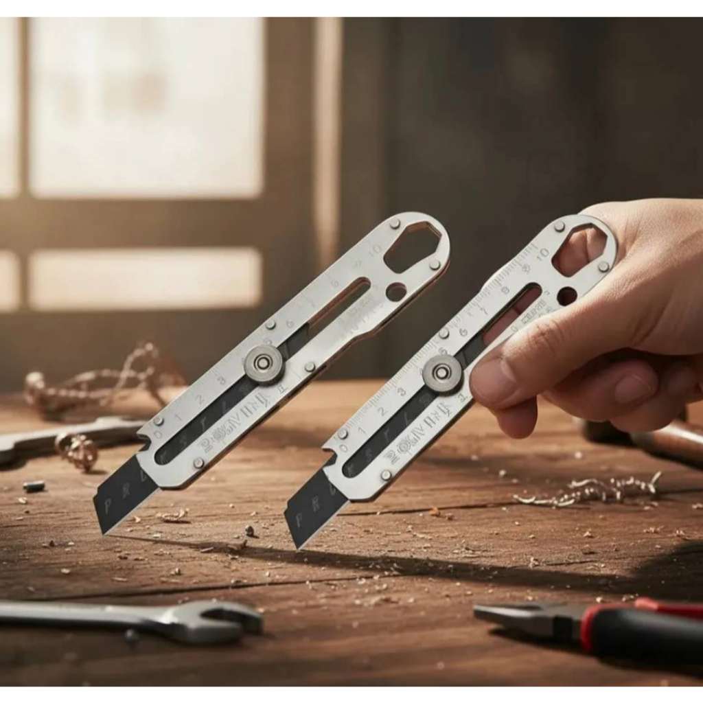 Estilete Profissional Com Trava Aço Inox Maciço Com Régua Abridor Chave Universal