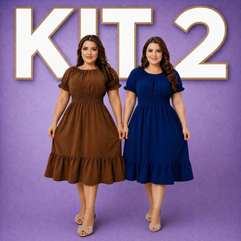Kit 2 Vestido  Feminino Midi Manga Princesa Em Duna Liso M G GG G1.