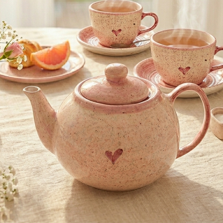 Chaleira Bule Com Tampa Cerâmica Coração Rosa Mesa Posta Decoração