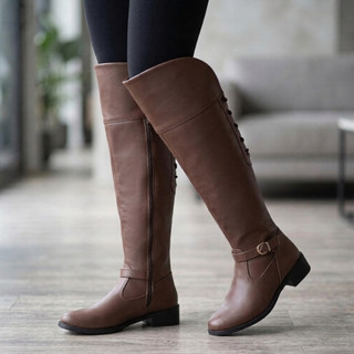 Bota Feminina Over Elástico Zíper Fivela Conforto E Estilo Montaria Sem Salto