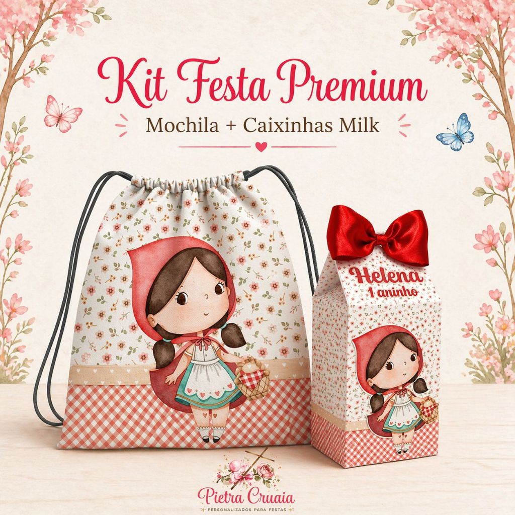 Kit com 10 Mochila saco 19x28cm + 10 Caixinhas Milk- Chapeuzinho Vermelho/ Jardim Encantado e outros Temas
