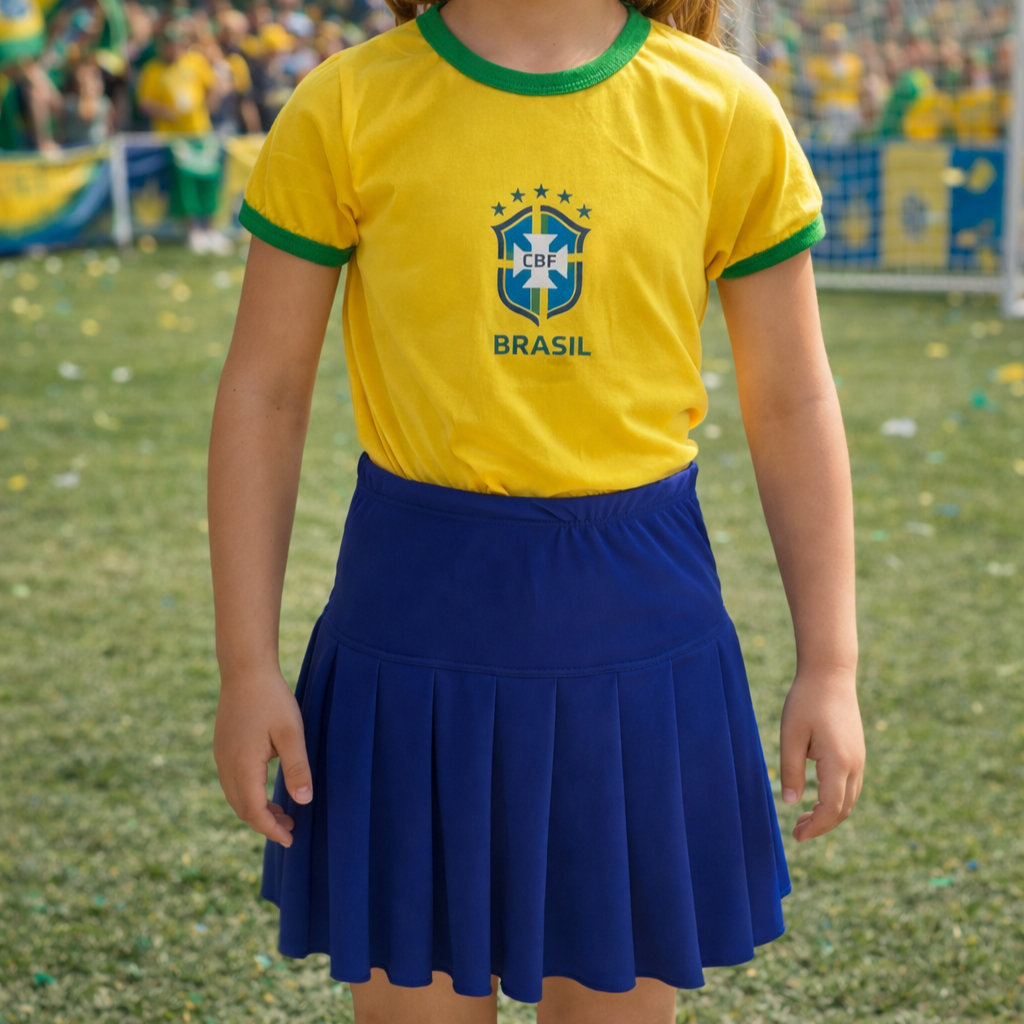 Shorts Saia Infantil Juvenil Copa Do Mundo Torcida Brasil Líder de Torcida 2026 Seleção Torcedora Blogueirinha