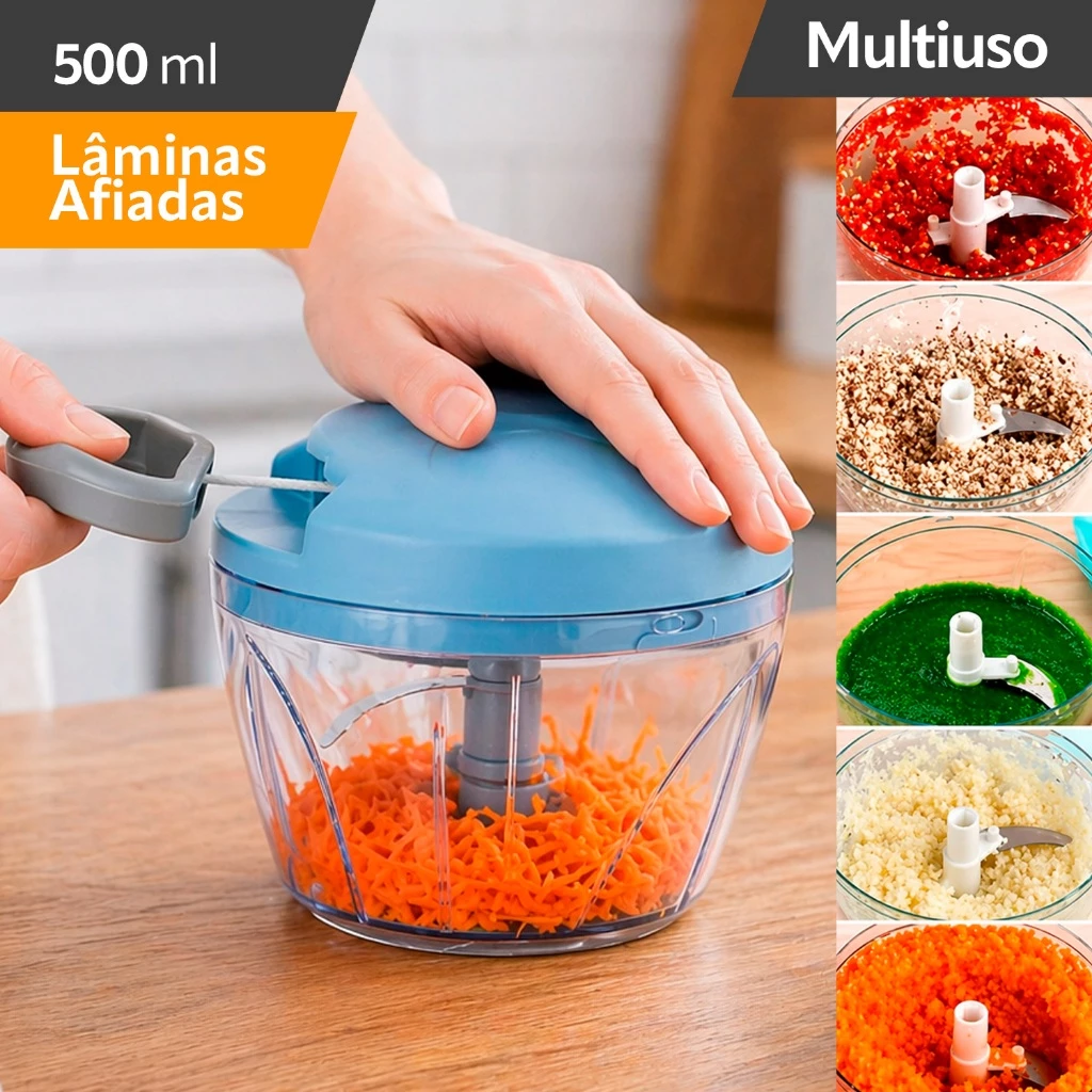 Processador Triturador Manual de Alimentos Alho Legumes Frutas 500ml – 3 Lâminas Portátil