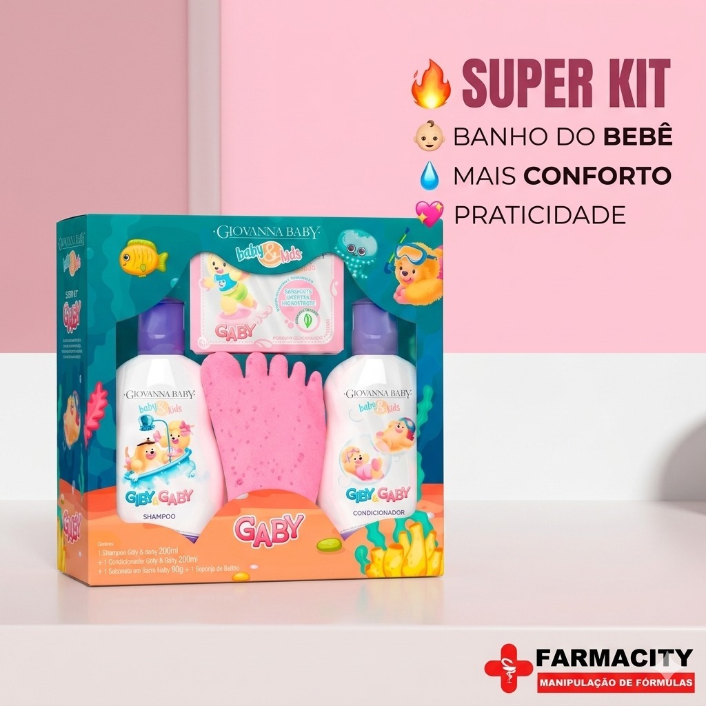 Kit Infantil Giovanna Baby Gaby Hora do Banho Rosa Shampoo Condicionador Sabonete Esponja