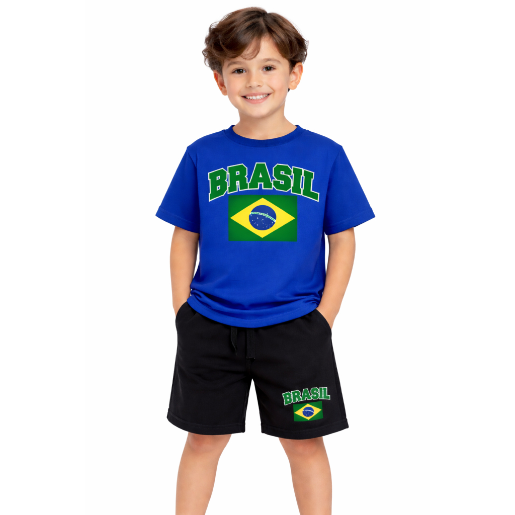 Conjunto Infantil Básico Estiloso – Camiseta Brasil estilo copa + Short Estampado Confortável