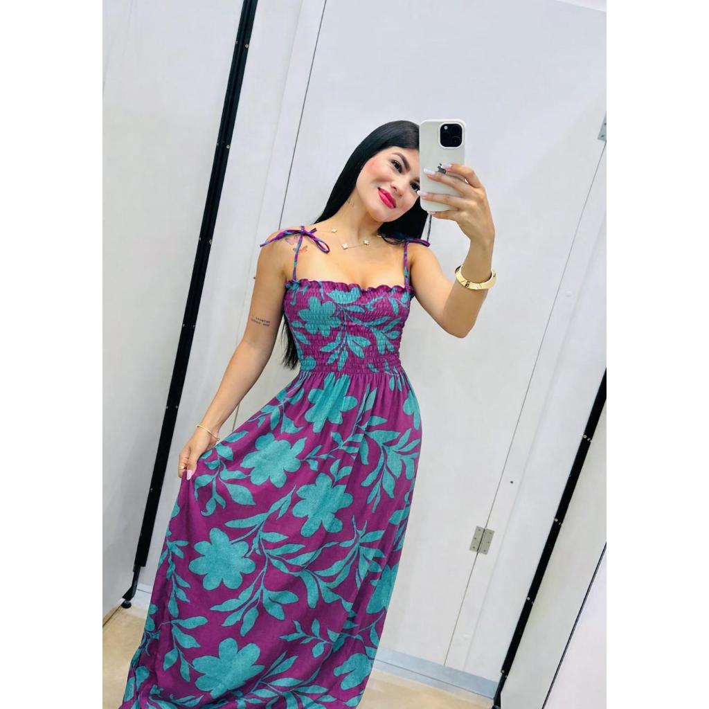Vestido Longo C/ Lastex no Busto Crepe Íris ou Crepe Duna Tamanho Único Estampados e Lisos C/ Fenda Lateral