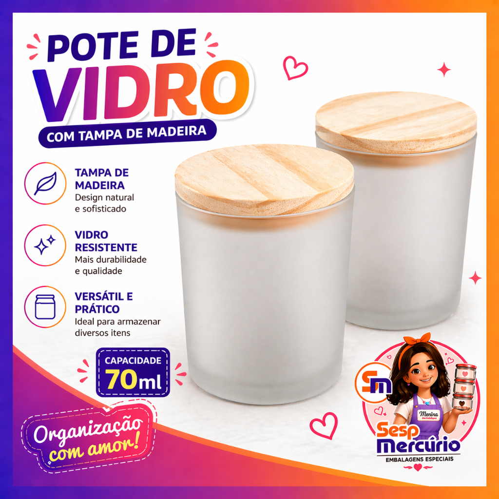 Kit Potes de Vidro Jateado Fosco 70ml com Tampa de Madeira Velas Artesanais Aromaticas Lembrancinhas