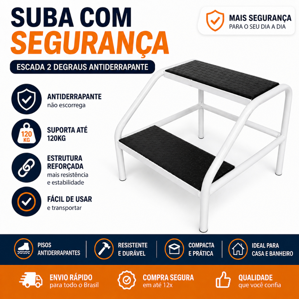 Escada 2 Degraus Antiderrapante Aço Reforçado Apoio Idoso Banheiro Cama Seguro