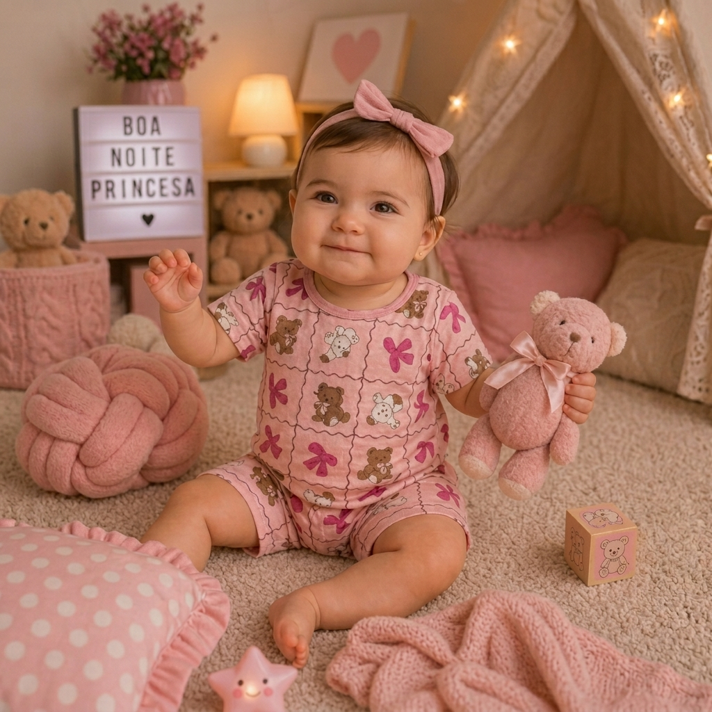 Conjunto Pijama Bebê Manga Curta Menino Menina Gola Careca Short Roupa de Dormir Verão 0 a 12 Meses
