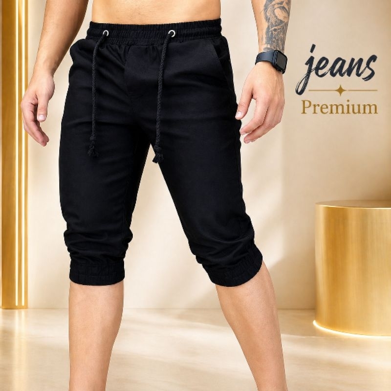 Bermuda Jogger Jeans Preta Masculina Capri Com Elástico e Cordão