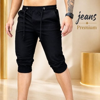 Bermuda Jogger Jeans Preta Masculina Capri Com Elástico e Cordão