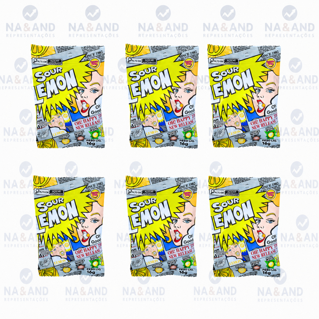 KIT 6 Balas Azedas ácidas Sour Lemon (Limão) Happy Time 16g cada