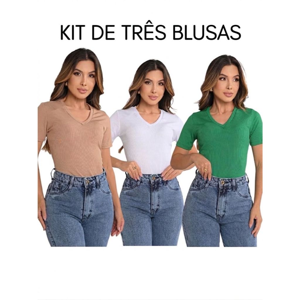 Kit 3 Blusas Feminina Estilosa Ribana Canelado Elegante Tendência Verão Gola V Manga Curta