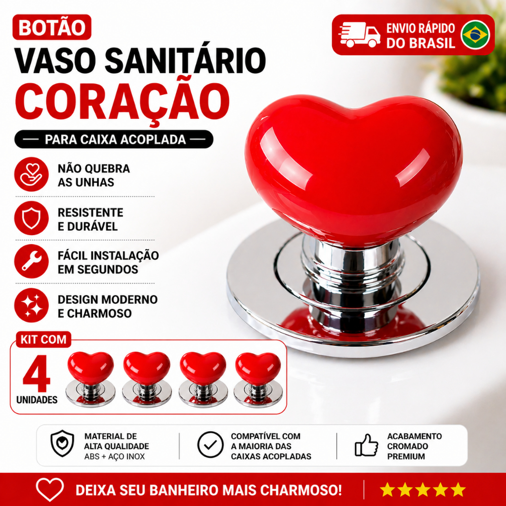 Botão Vaso Sanitário Coração Universal Caixa Acoplada Kit 4 Unidades Resistente Fácil Instalação