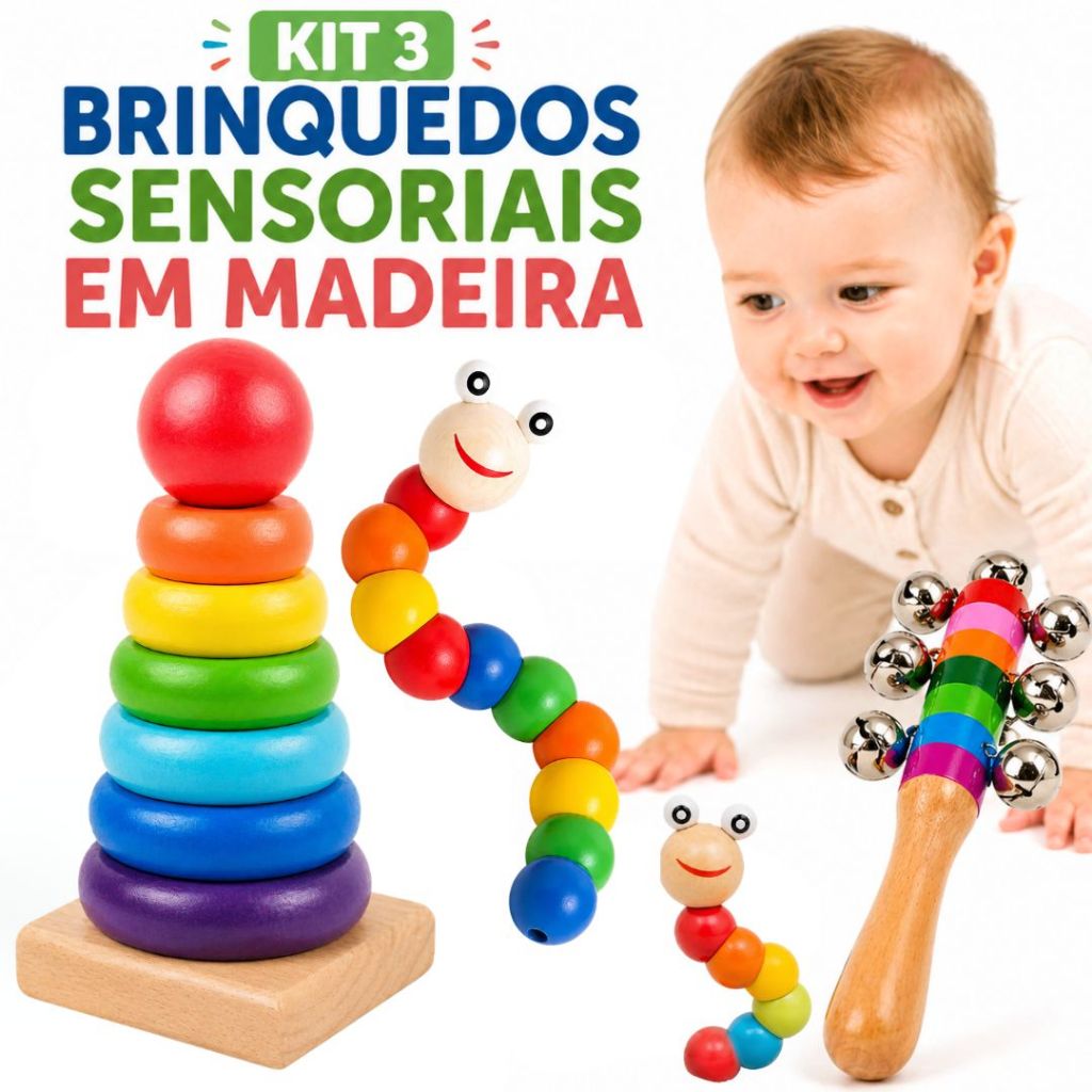 Kit 3 Brinquedo Montessori de Madeira–Torre de Encaixe, Lagarta Lesma Minhoca Sensorial E Chocalho Divertido Sensorial