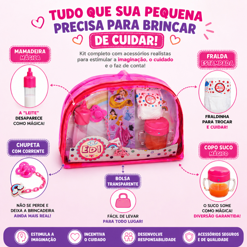 Kit Boneca acessórios Fralda Mamadeira Chupeta prendedor Bolsa Brinquedo Menina Adesivos Reborn Baby