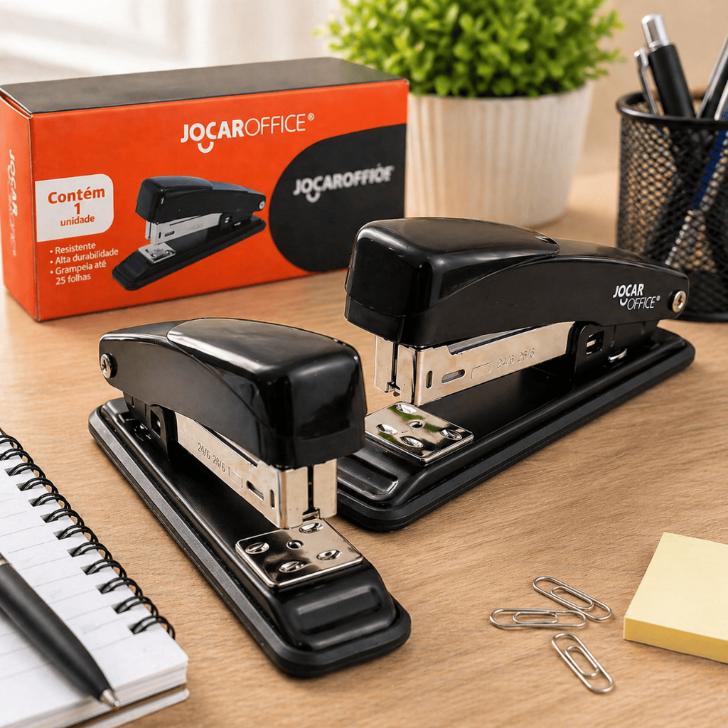 Kit 2 Grampeadores Metal Preto 25 Folhas 11,5cm Escola Escritório Home Office Papelaria