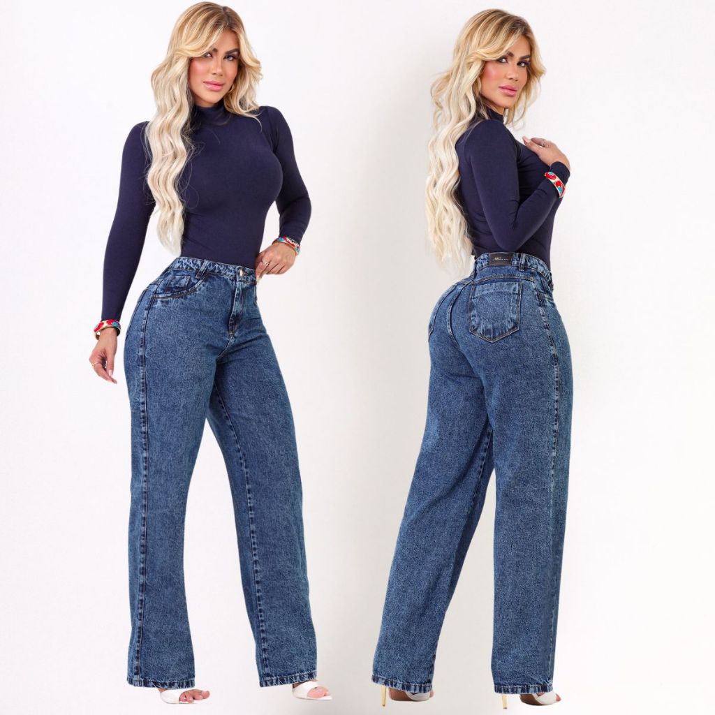 Calça Jeans Wide Leg Feminina 100% Algodão Premium Cintura Alta Premium Marmorizada