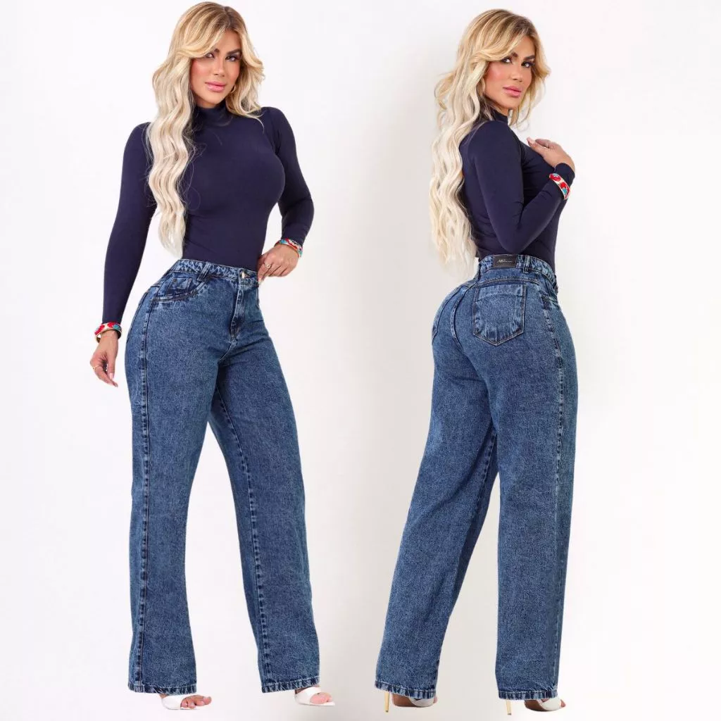 Calça Jeans Wide Leg Feminina 100% Algodão Premium Cintura Alta Premium Marmorizada — imagem 1