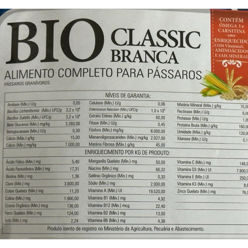Bio Classic Branca 5kg - Data Longa 09/27 - Ração Extrusada para Canários, Curiós, Bicudos... — imagem 2 de 2