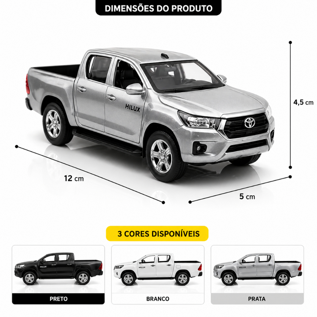 Miniatura Caminhonete Hillux Fricção Toyota Carrinho Carro Escala 1:36 c/Caixa Som Luz Coleção Metal