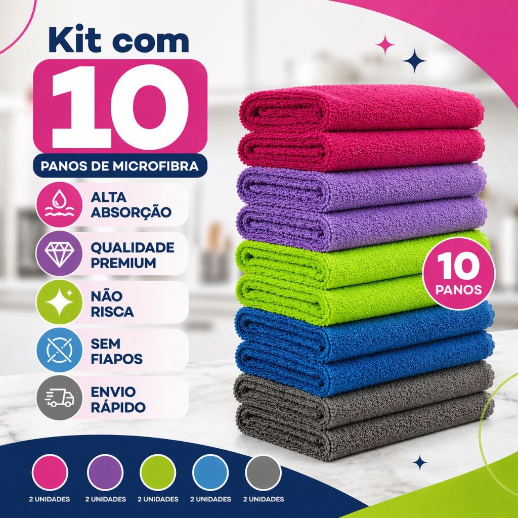Kit com 10 panos de microfibra multiuso para limpeza da casa