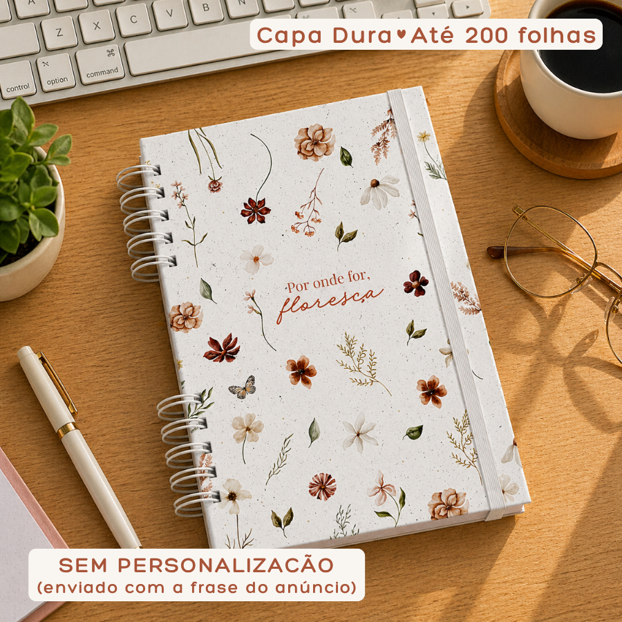 Caderno de Anotações Sem Personalização Floral Alfabeto Capa Dura Feminino Florido Borboletas Delicado 100 Folhas