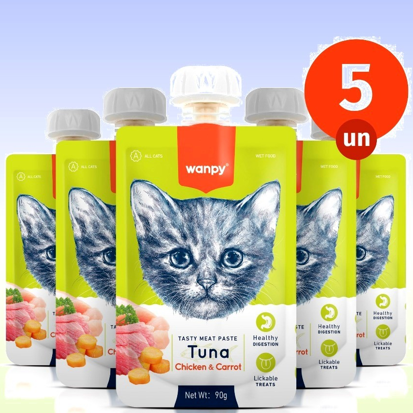 Kit 5 Petisco Truly Wanpy Creamy para Gatos Atum Frango Cenoura 90 G