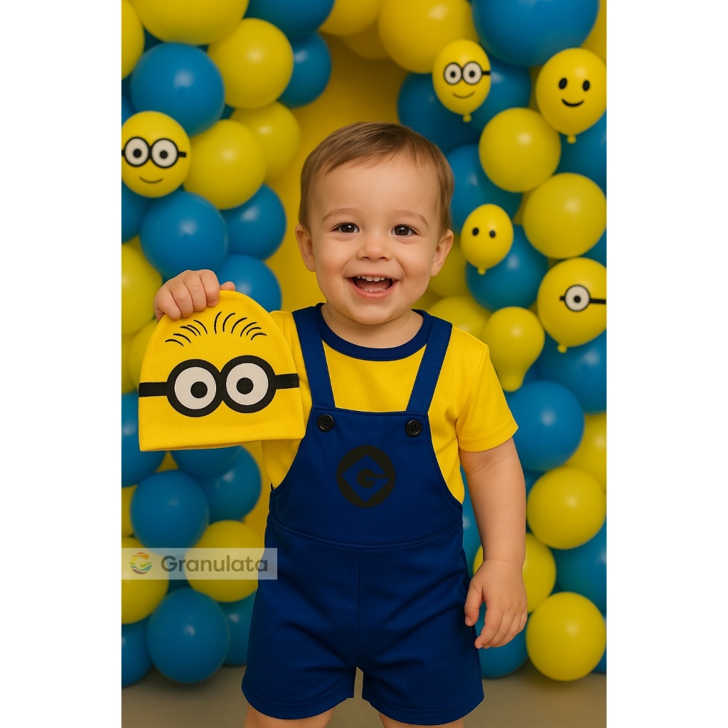 Fantasia Infantil Conjunto Minions com Camiseta Macacão e Touca P ao EXG Aniversario Carnaval