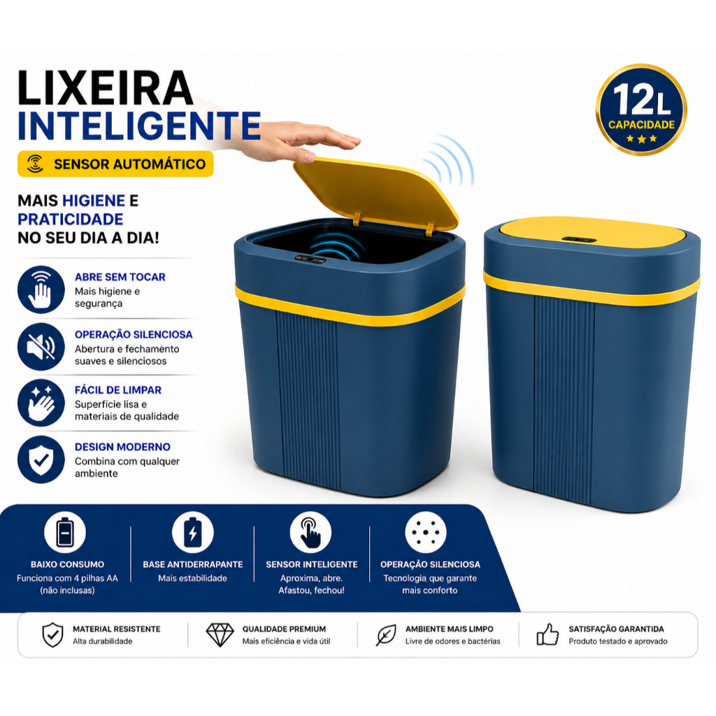 Lixeira Inteligente 12 Litros com Sensor Automático 3 Funções pilhas azul