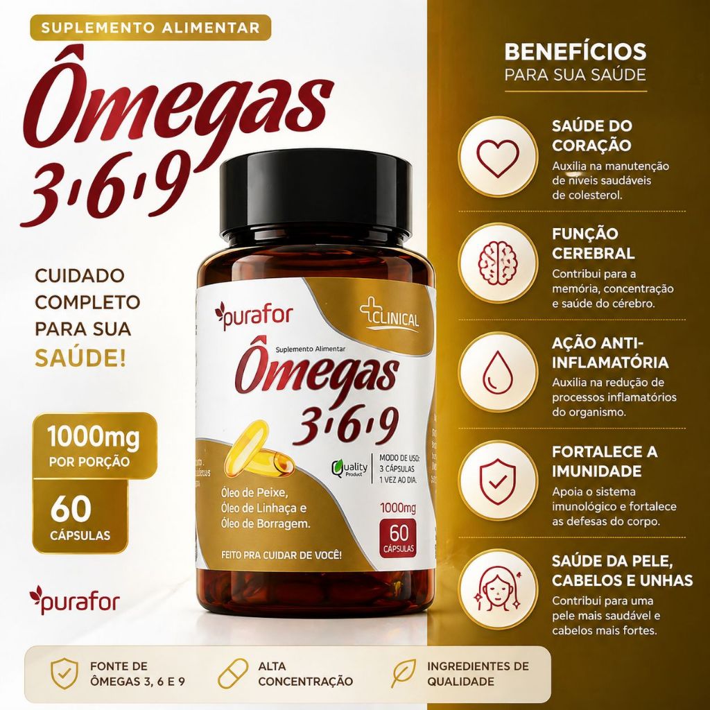 Ômega 3 6 9 Purafor 1000mg 60 Cápsulas Óleo de Peixe Linhaça e Borragem Saúde Completa