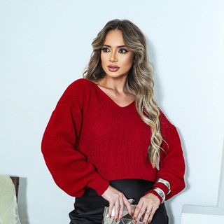 Blusa de frio feminina trico manga longa bufante com detalhe gola V moda blogueira Tricô Tricot inverno