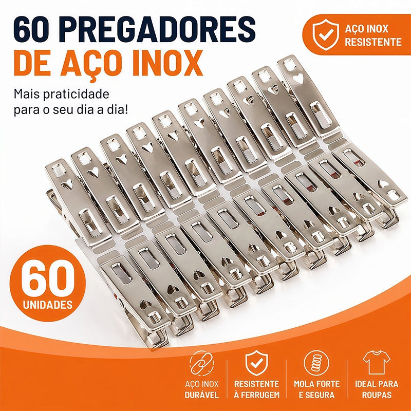 Kit 20/40/60 Prendedor de Roupa Aço Inox Não Enferruja Grampo Forte Varal
