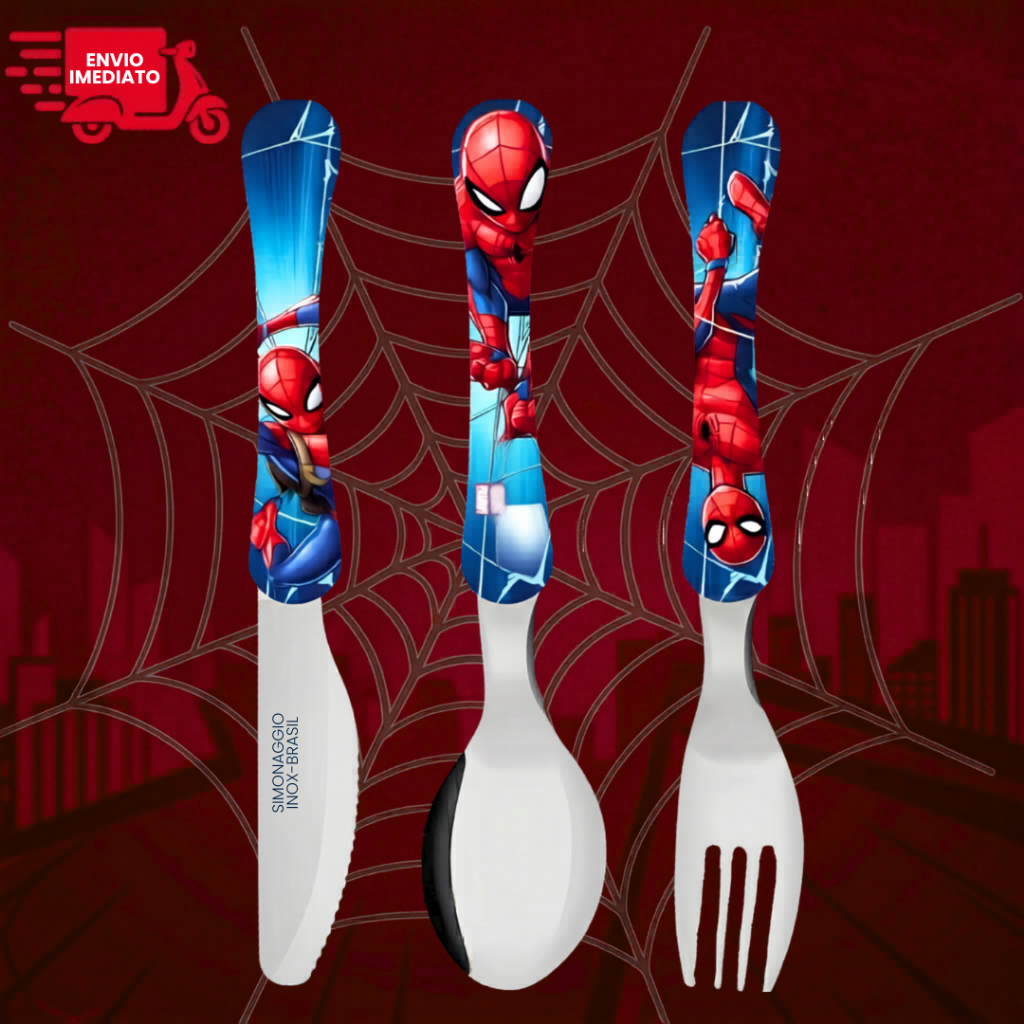 Kit Colher + Garfo + Faca Kit 3 Talheres Homem Aranha em Inox Disney Super Herói Infantil Talher