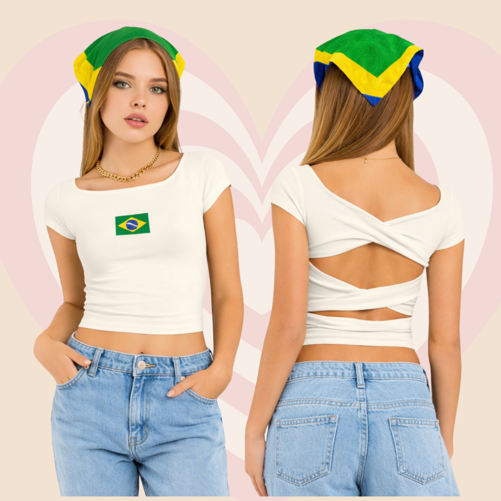 Blusa Cropped Juvenil Infantil Menina Brasil Moda Blogueirinha Copa do Mundo
