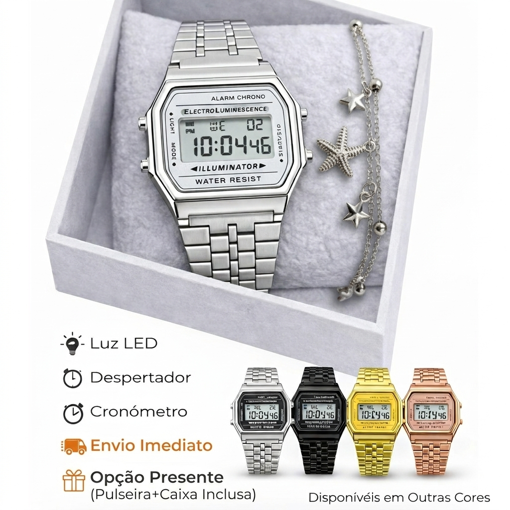 Relógio Digital Retrô Unissex em Aço Preto Prata Dourado Led Vintage Quadrado Clássico Namorados