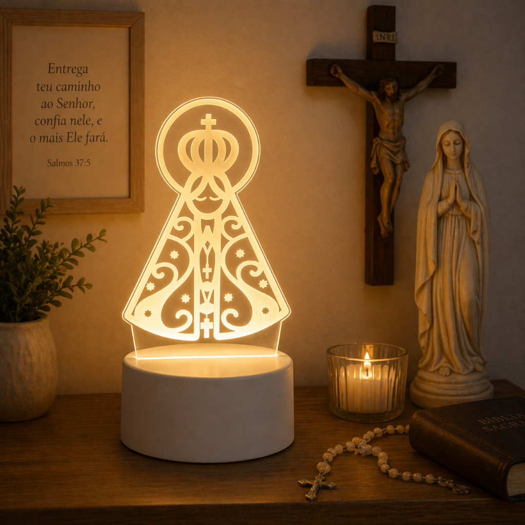 Luminária Abajur 3D Led Acrílico De Mesa Criativo Tomada Branco Luz Noturno 3D Santinha Coração