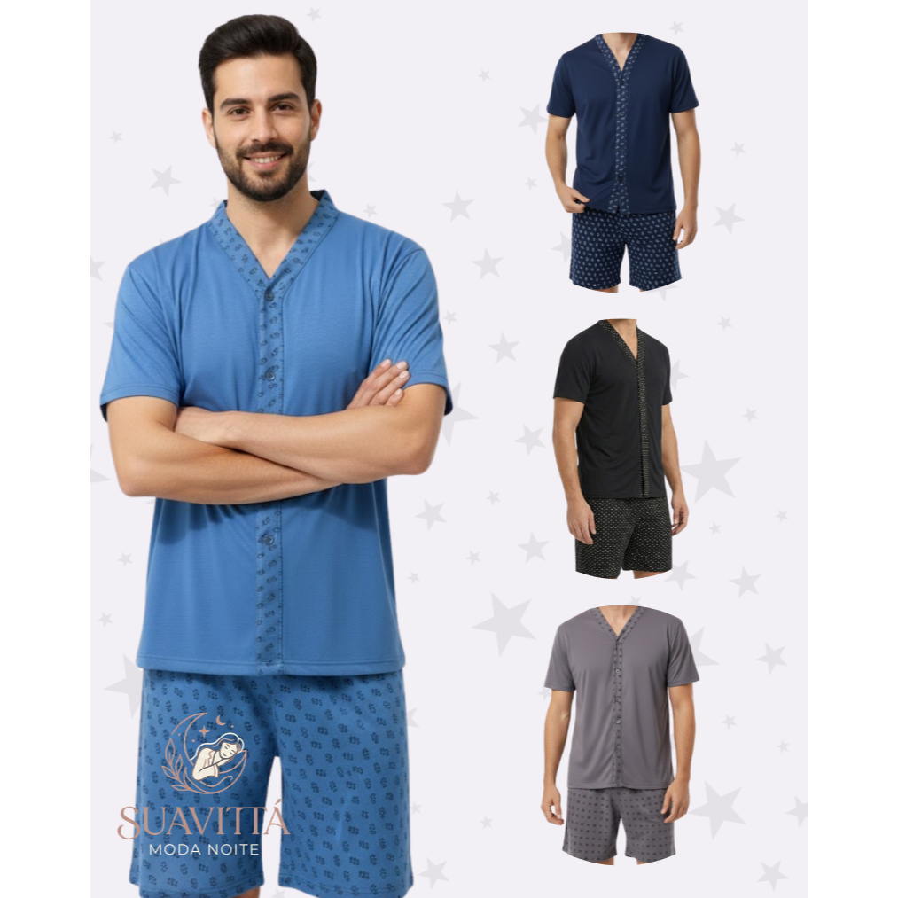 Conjunto Pijama Masculino Americano Com Botão Homem Confortável Leve Fresco Promoção