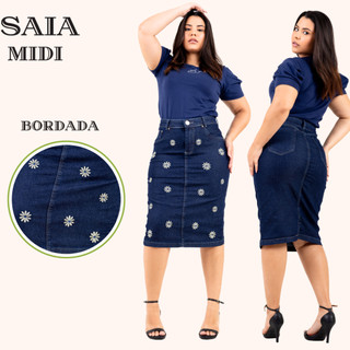 Saia Jeans Midi Evangelica Com Lindo Bordado  Cintura Alta com Lycra Premium